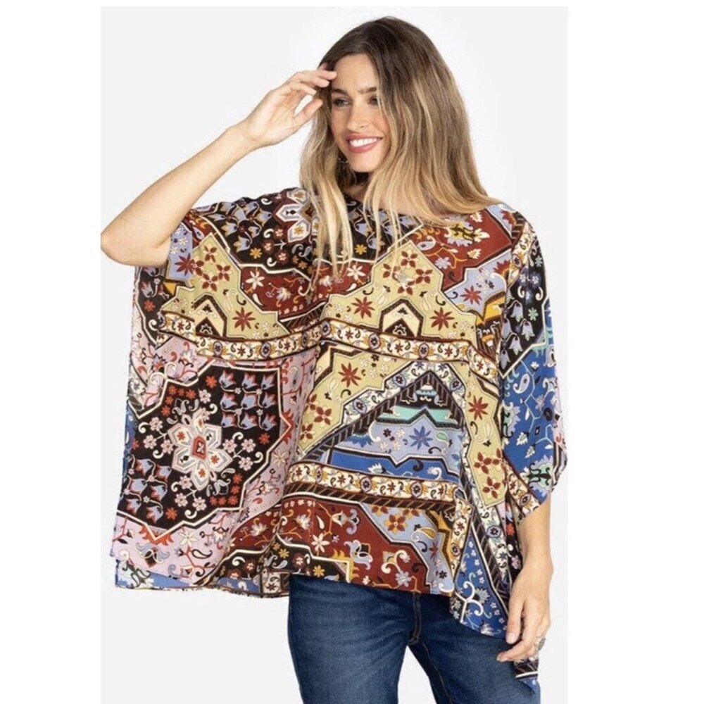 Johnny Was Womens Size L Multicolor Boho Round Kimono Sleeve Silk Caftan Blouse